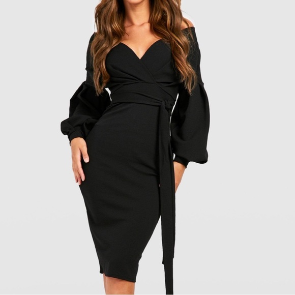 Boohoo off the shoulder black wrap dress Size 8 - Picture 2 of 4